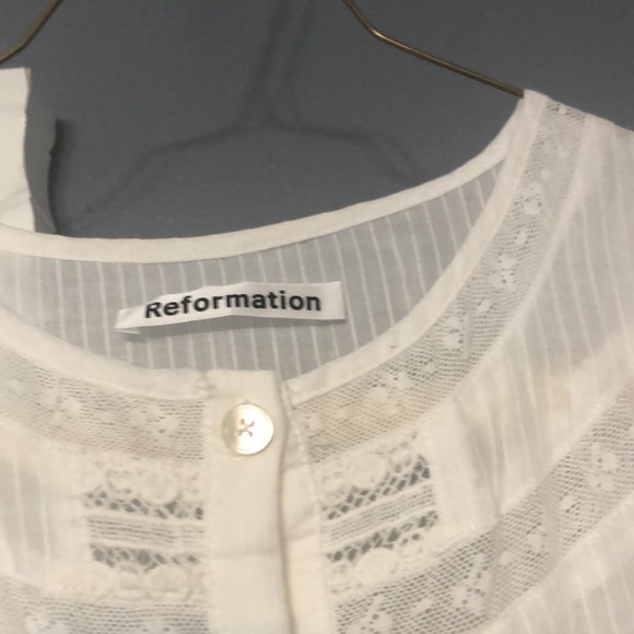 Reformation Oxford Sheer Lace Short Sleeve Button Front Maxi Dress in White - Picture 11 of 15